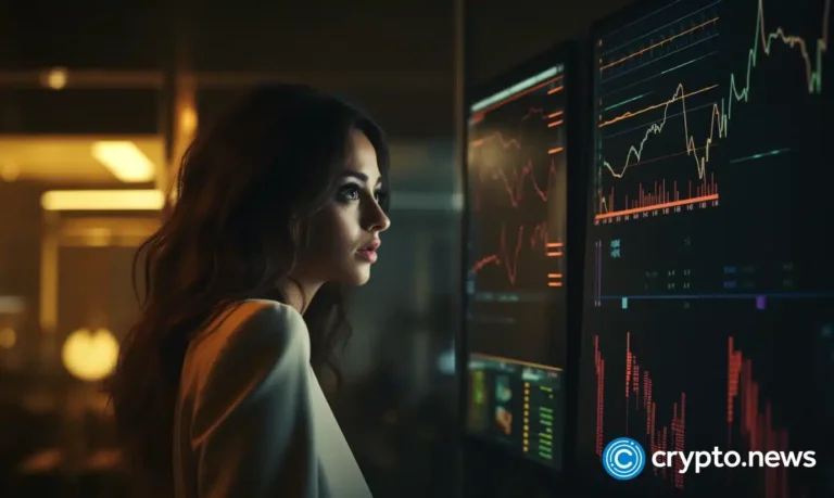 crypto news woman shows trading charts people talk office background dark tones